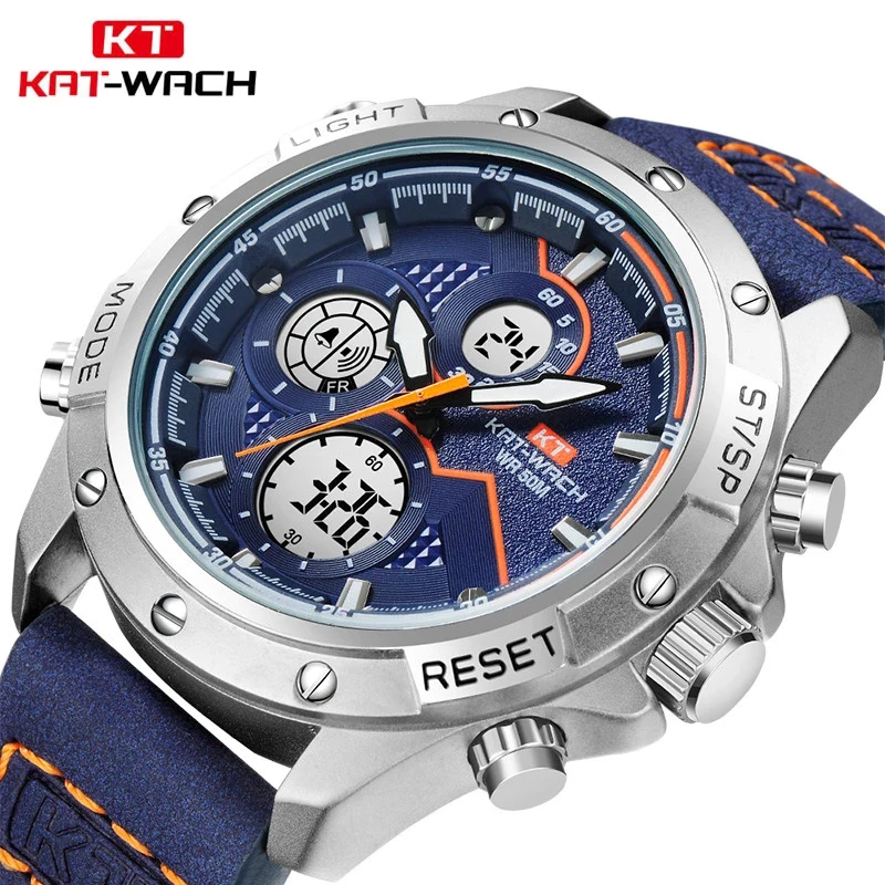 2022 KAT-WACH Fashion Chronograph Leather Sport Wristwatches Men Military Date Electronic Timing Men's Watches Relogio Masculino 