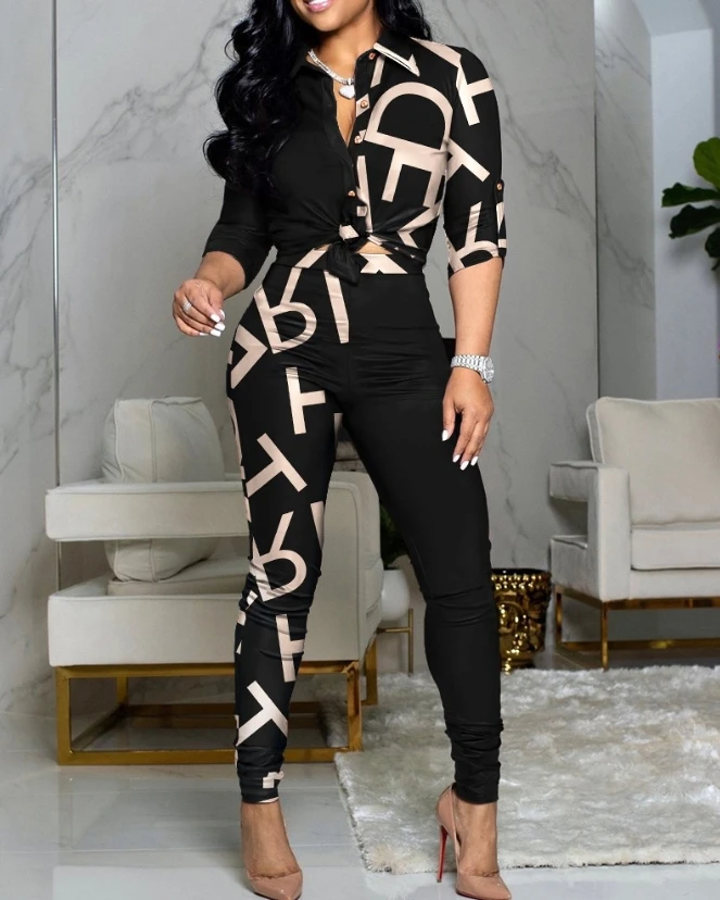 

Women's Pants Suit Spring Fashion Women's Letter Print Colorblock Knotted Shirt Top & Casual Plain High Waist Pants 2-Piece Set