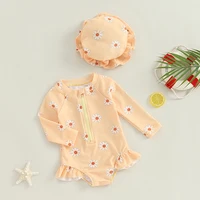 Newborn Baby Girls Swimsuit with Hat Long Sleeve Flower Print Zipped Zipper Jumpsuit Bathing Suit Swimwear for Summer 0-3M 1