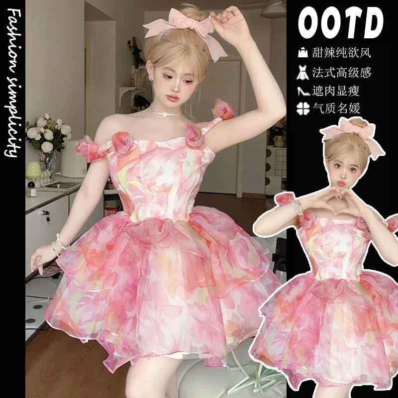 

Платье принцессы, элегантные женские платья, розовые, зеленые, окрашенные трехмерные цветы, пушистые платья принцессы на одно плечо