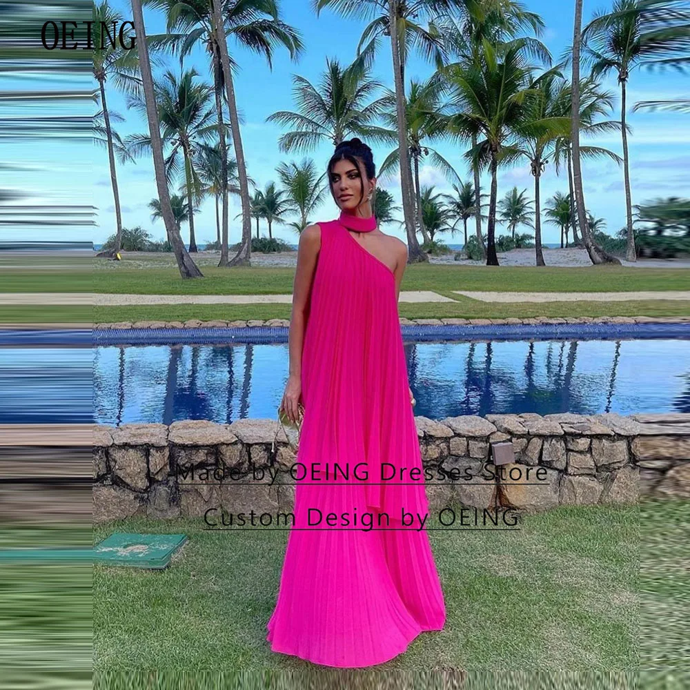 

OEING Fuschia Halter A-line One Shoulder Special Beach Party Dresses Sleeveless Floor Length Exquisite Simple Vestidos De Fiesta