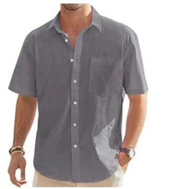 Men Summer European American Fashion Classic Comfortable Breathable Cotton Hemp Solid Color Short Sleeved Shirt