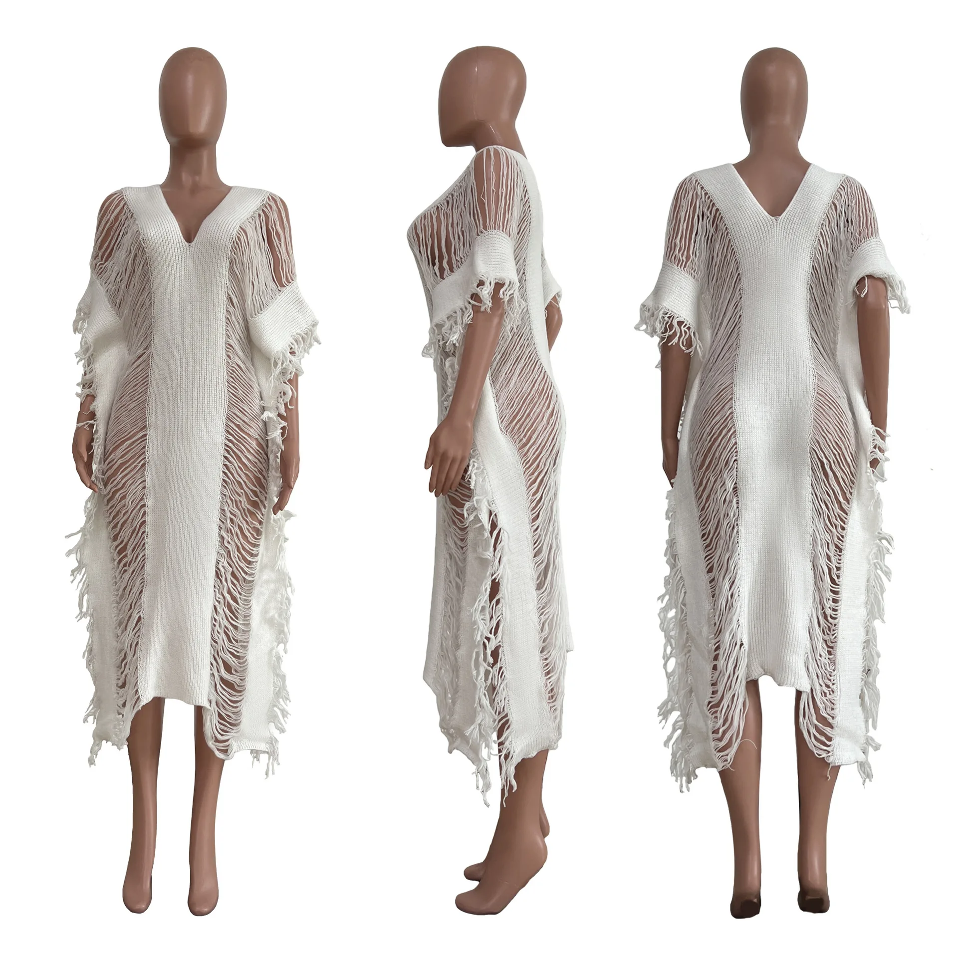 

Women Crochet V Neck Bikini Cover Up Summer Sexy Hollow Out tassel Boho Beach Long Maxi Dress Sheer Loose Kaftan Tunic Swimsuit