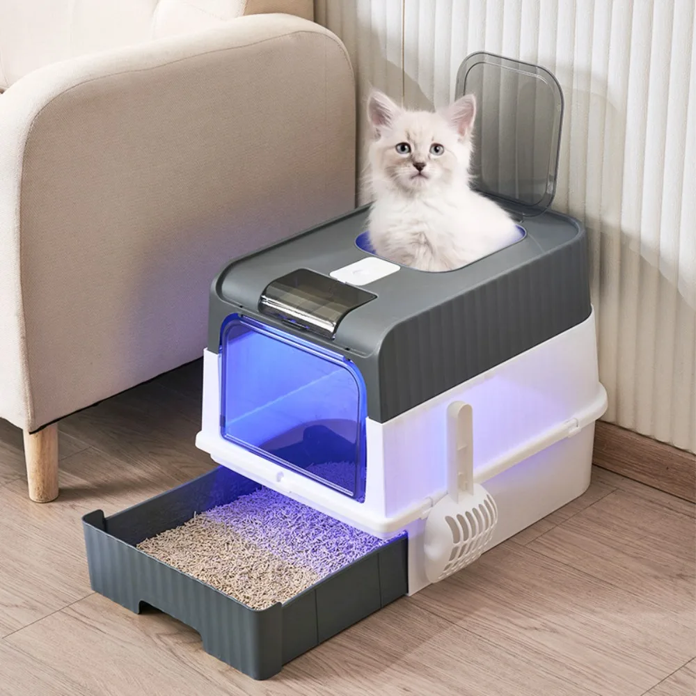 Cat Litter Box with Lid, Extra Large, UV Sterilization and Deodorization, Drawer Type, Easy to Scoop, Low Tracking