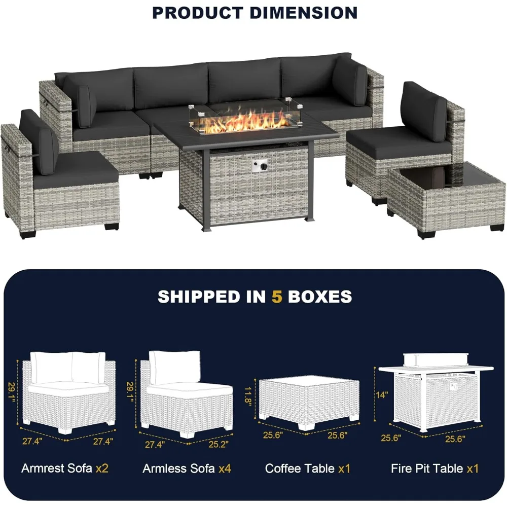 8-Piece Outdoor Patio Furniture Set with 55,000 BTU Fire Pit Table, PE Wicker Rattan Sectional Sofa Conversation Set