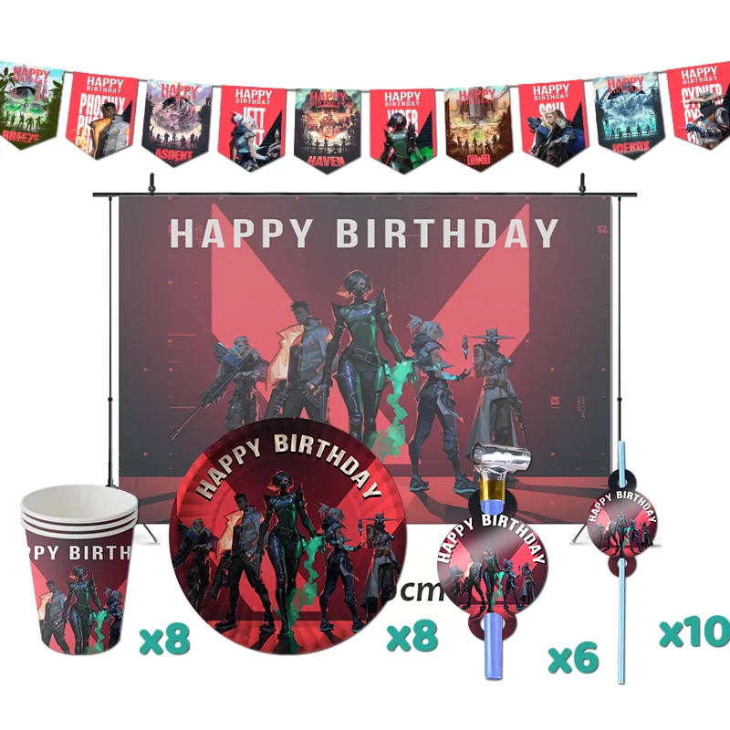 

Valorant Birthday Party Decorations Game Theme Supplys Banner Cups Plates for Boy Gunplay Agents