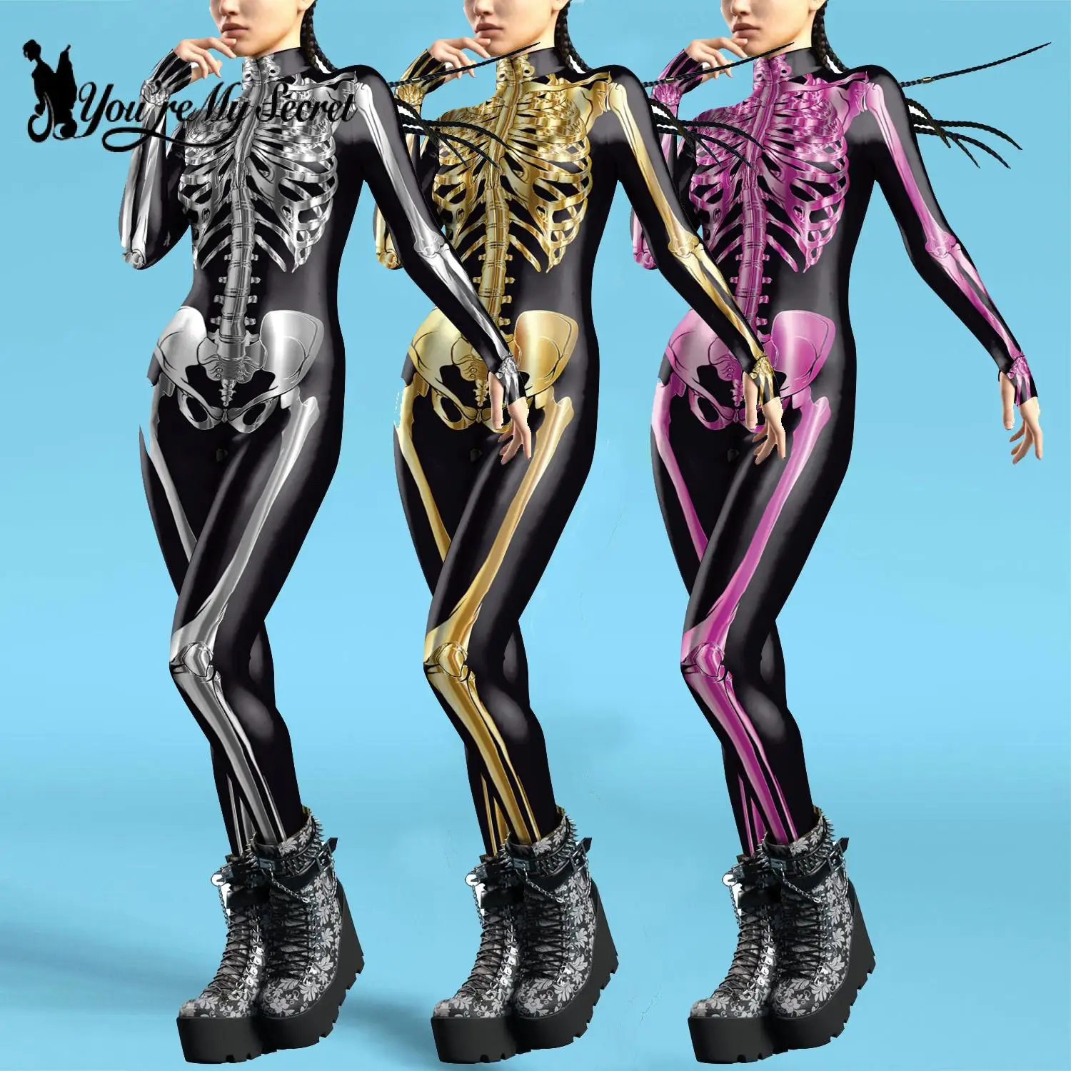 

[You're My Secret] 3D Skeleton Women Bodysuits Zentai Jumpsuits Front Zipper Cosplay Costume for Female Halloween Party Outfit