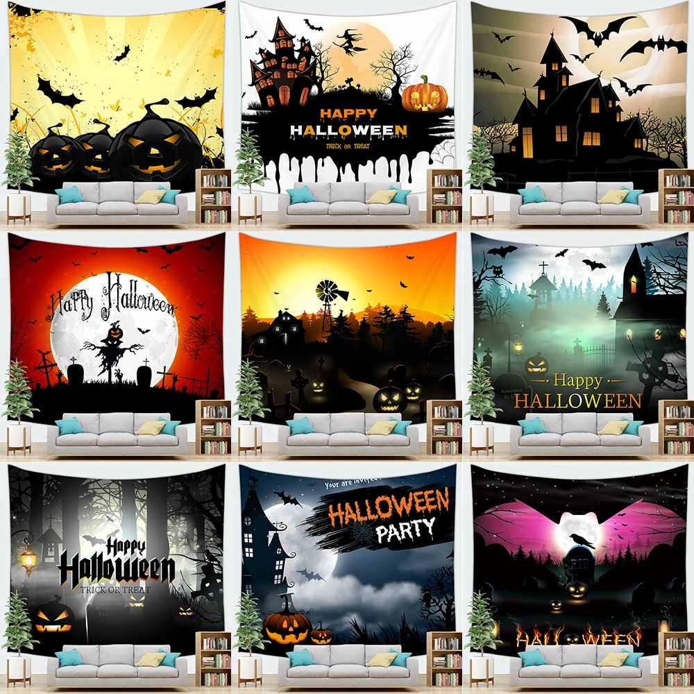 

Halloween Horror Pumpkin Castle Print Pattern Tapestry Home Living Room Bedroom Wall Decoration Background Fabric