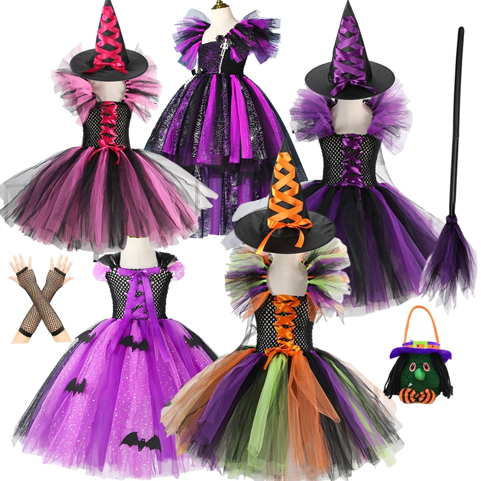 Ragazze Halloween Cosplay Strega Costume Bambini Carnival Vestidos Party Infant Witch Fancy Dress Abbigliamento Set Bag Hat