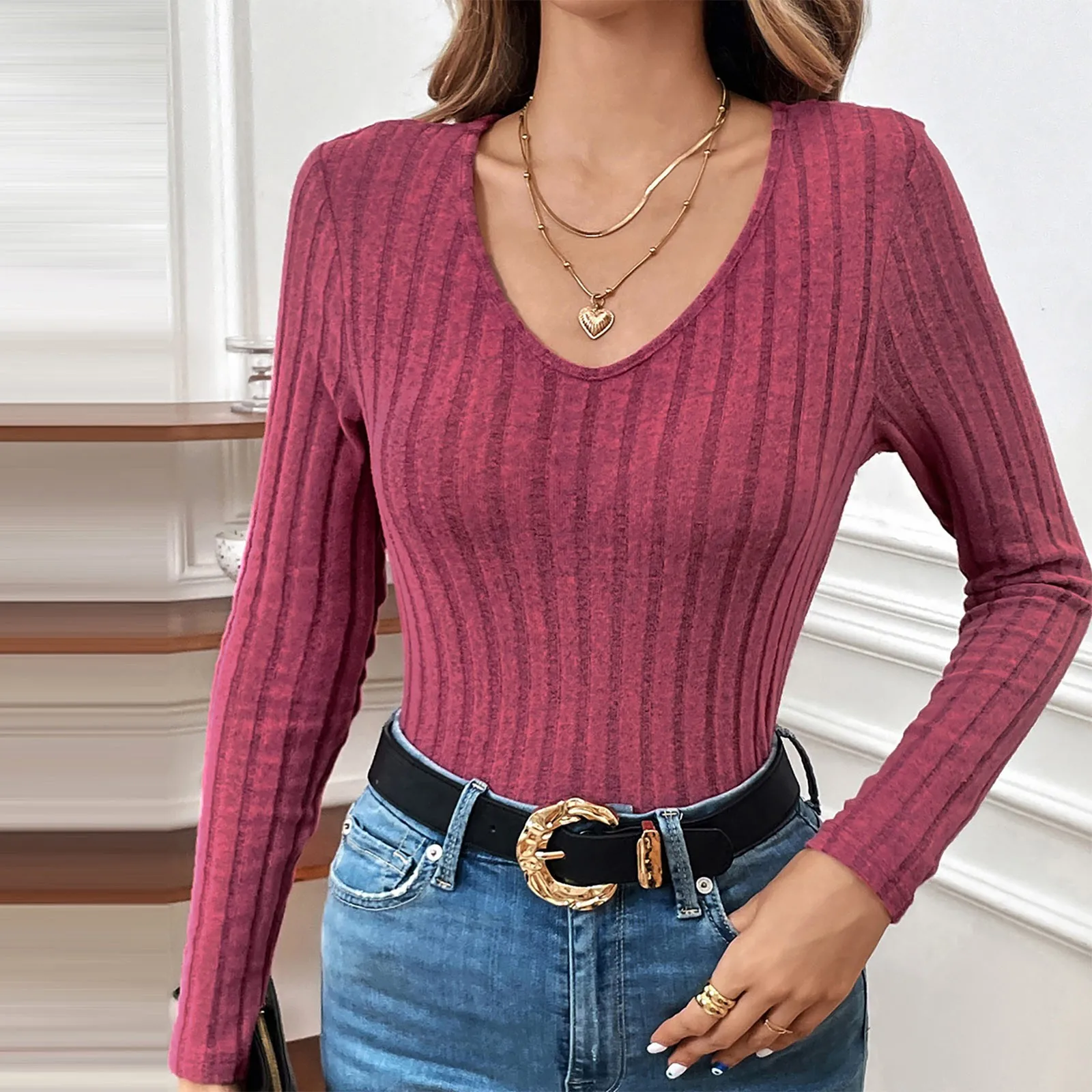 

Women'S Pit Sanding Tops Fashion Casual V-Neck Long Sleeve Tee Tops Autumn Winter Solid Color Slim Fit Bottom Shirt Top Mujer