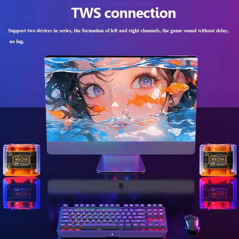 Mini Transparent Bluetooth Speaker Mecha Style Hifi Sound Music Box Wireless TWS Connection MP3 Music Player Support TF Card Pla