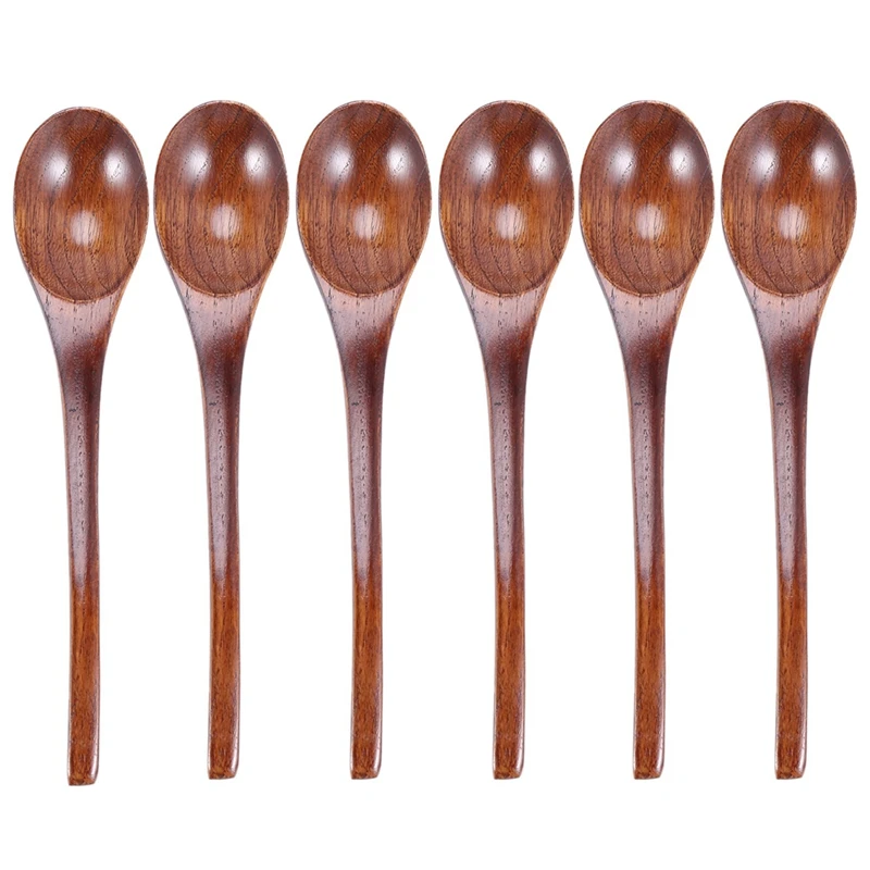 

Деревянные суповые ложки, 6 шт., 7,84 дюйма, японские рамен-ложки, круглая наньму деревянная длинная ручка, детский рисовый десерт, темно-коричневый