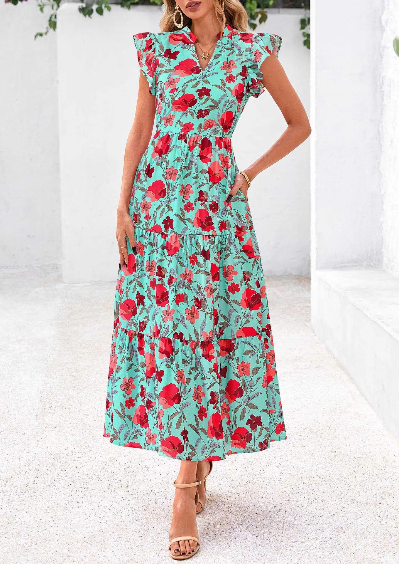 Rvidbe Vestidos midi de verano para mujer 2025 floral Cottagecore hombros descubiertos manga corta abombada cuello cuadrado vestido largo con abertura, Rojo -, Pequeña Rvidbe Vestidos midi de verano para mujer 2025 floral Cottagecore hombros descubiertos manga corta abombada cuello cuadrado vestido largo con abertura, Rojo -, Pequeña