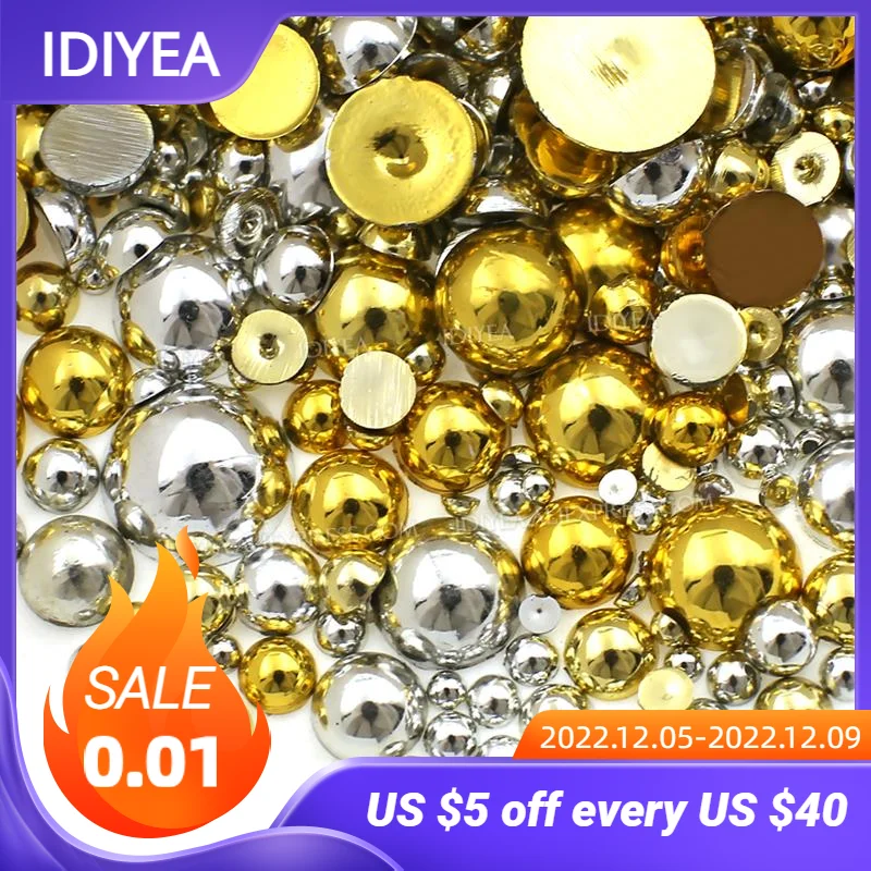 Shiny Gold Silver Mix Sizes 2mm-10mm Half Round Beads Imitation Pearl ABS Resin Flat Back Glitters For DIY Nail Craft Decoration