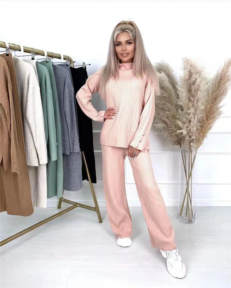 Women Spring Autumn Knitted 2 Piece Set Casual Tracksuit Long Sleeve Sweater And Wide Leg Jogging Pants Pullover Suits pant suits for older ladies