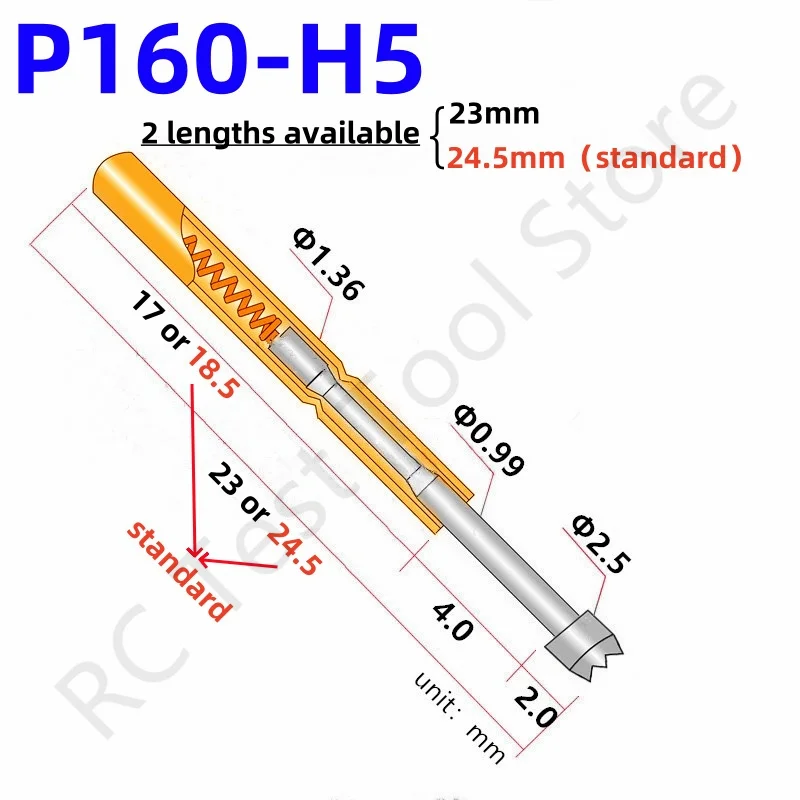 

100PCS P160-H5 Spring Test Pin Crown Head Test Probe Needle Head Dia 2.5mm Test Probe P160-H Dia 1.36mm Length 23mm or 24.5mm