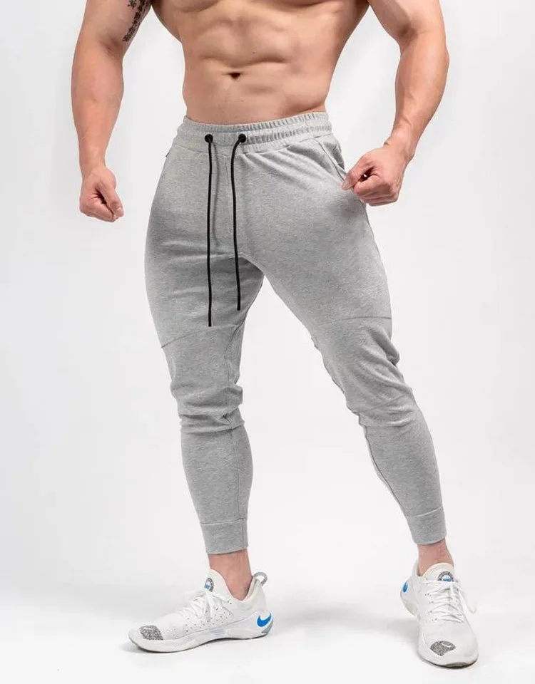 Cotton sweatpants slim leg fitness pants muscle solid color elastic running pants trousers