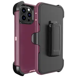Triple-Protection Heavy Duty Shockproof Armor Phone Case with Belt Clip for iPhone 13 Pro (Wine Red)