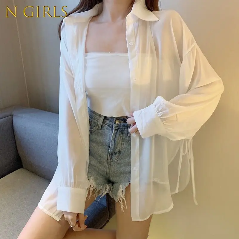 Shirts Women Solid All-match Loose Korean Simple Outerwear Thin Summer Sun-proof Bandage Streetwear Breathable Female Fashion |