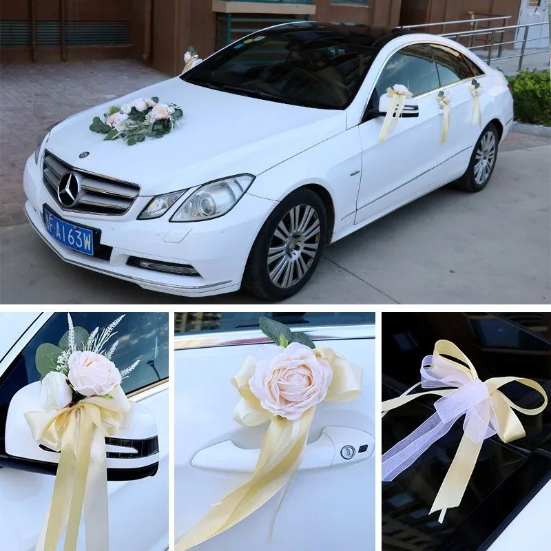 Decoración De Coche Para Bodas | Cinta, Lazos Y Flores Blancas | Fácil De Instalar Y No Daña La Pintura