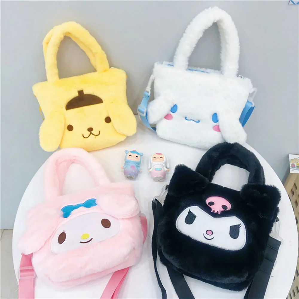 Kawaii Sanrio Melody Plush Handbags Cartoon Kuromi Handbag Kawaii Cinnamoroll Messenger Bag Soft Stuffed Girls Kid Birthday Gift