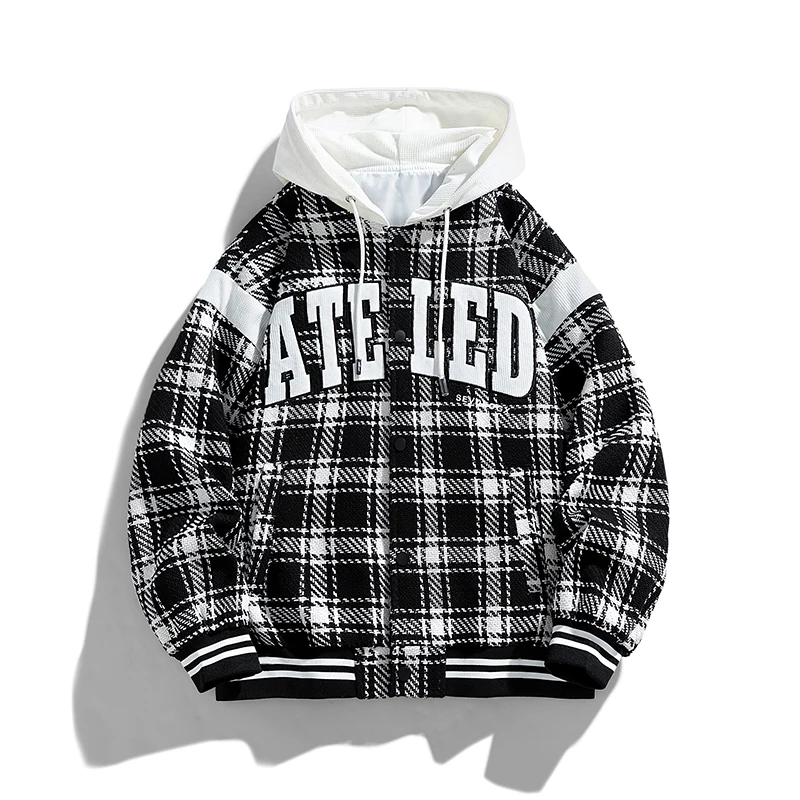 Men New Hooded Jacket Casual Checker Long Sleeve Single Breasted Plaid Coats Spring Autumn Hip Hop Streetwear Tops Clothing