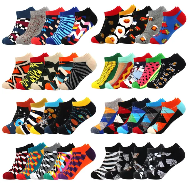 Chaussettes rayées à carreaux pour hommes et femmes, chaussettes de couleur géométrique pour couples, chaussettes de bateau tendance décontractées, 5 paires 1