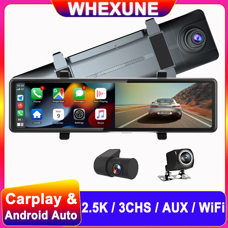 3 Telecamere Dash Cam 1440P Car Mirror Registrazione Video Carplay E Android Connessione Wireless Automatica Wifi Miracast Navigazione Gps Dvr