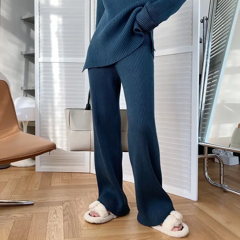 خريف موضة جديدة وصول هونج كونج نمط محبوك سترة بنطال ذو قصة أرجل واسعة المرأة الرجعية قطعتين مجموعة أنيقة أنيقة