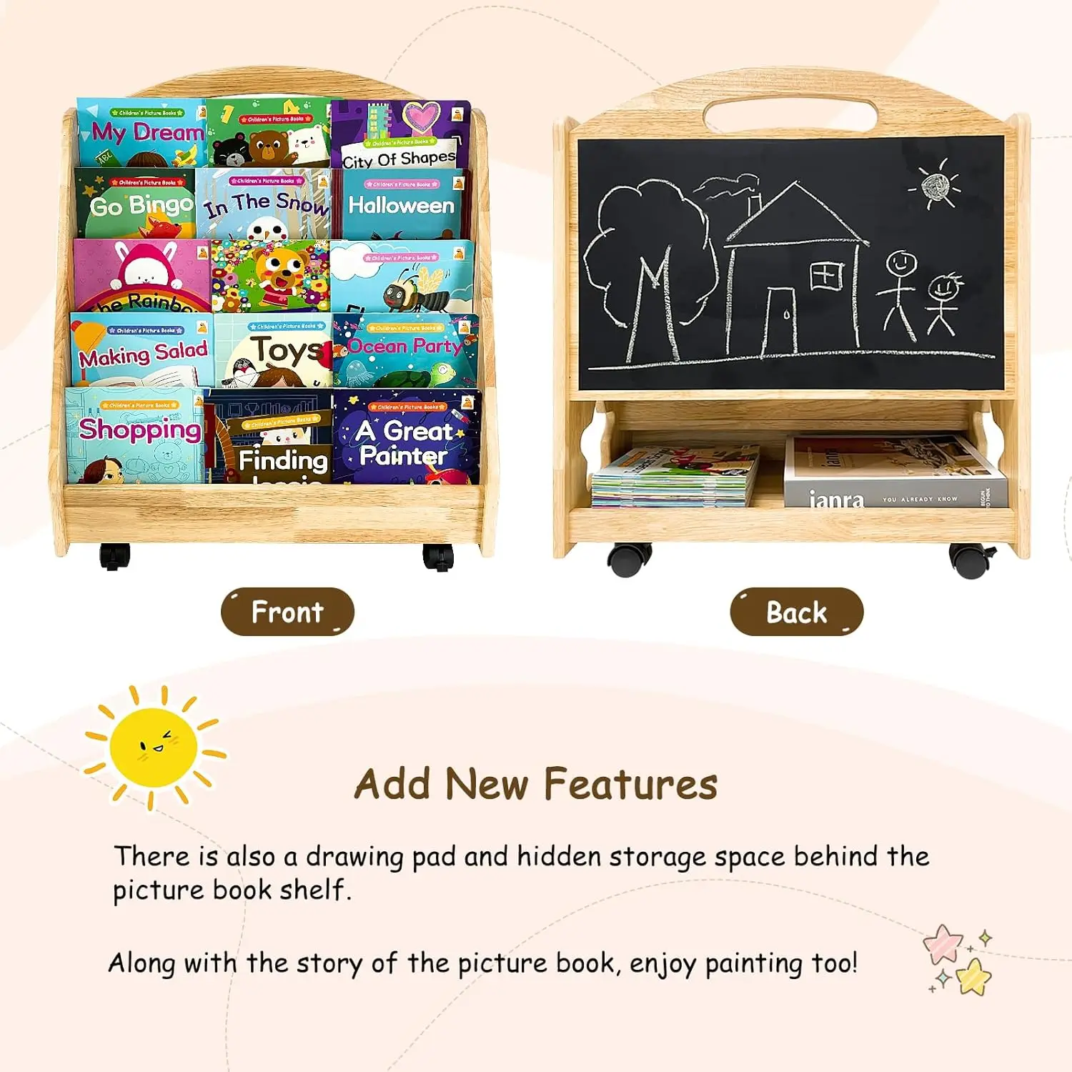 Montessori Bookshelf for Toddler 1-5 Years, 5 Tier Front-Facing Natural Wood Kids Bookcase with Handle and Wheels, Children's 3