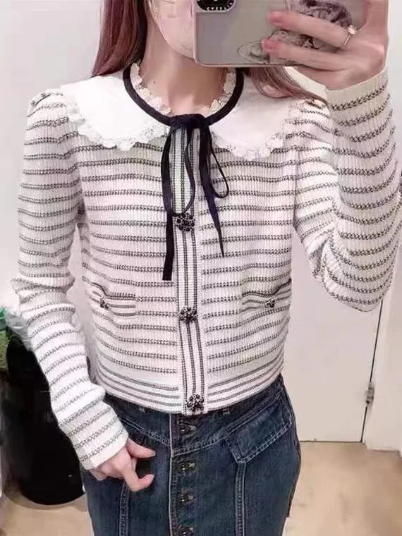 

Women's cardigan 2024 early spring new striped Peter Pan collar single breasted knitted sweater