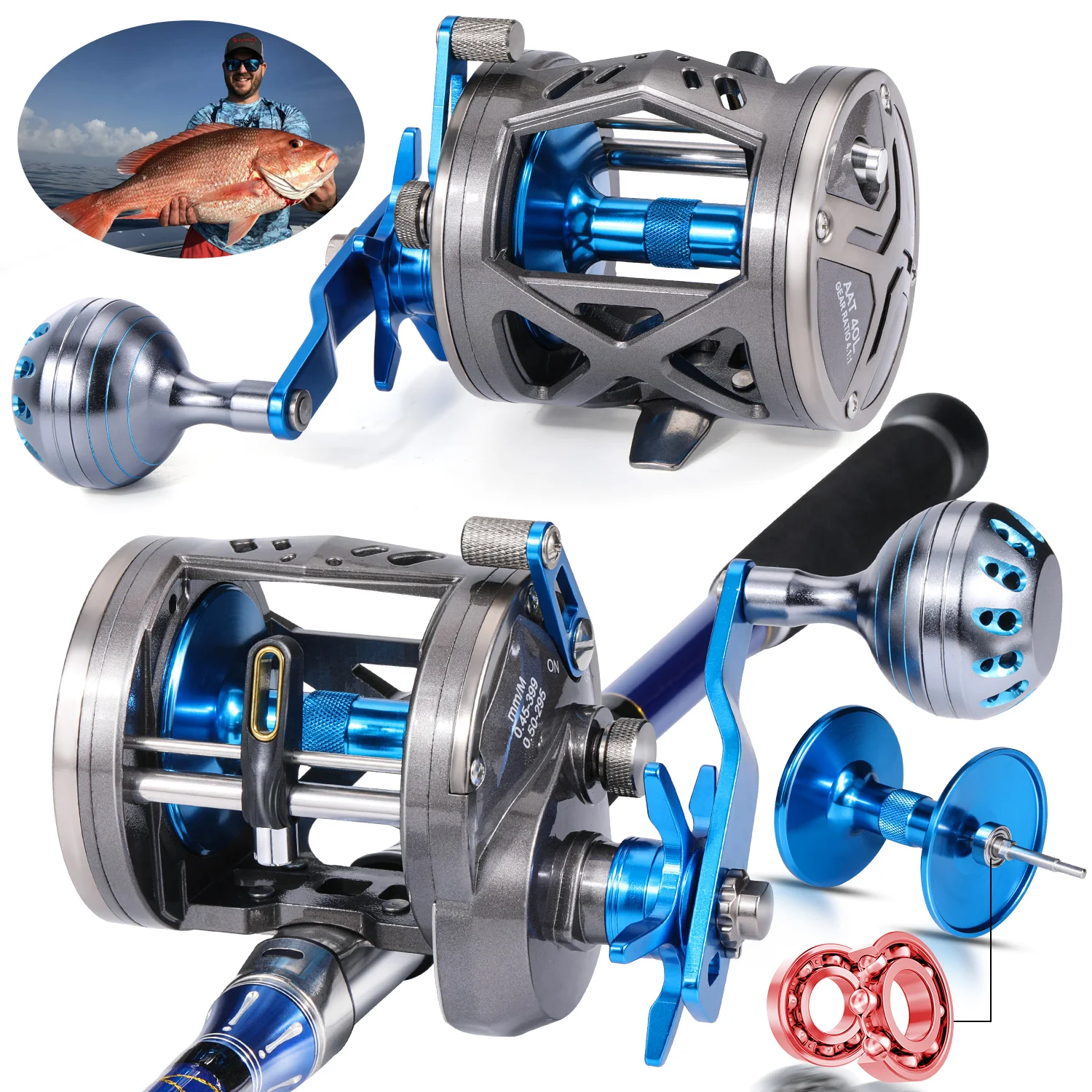 Sougayilang Trolling Drum Fishing Reel AAT40 4.1:1 Gear Ratio Aluminum  Spool Left Hand Fishing Reel for Saltwater Fishing Tackle