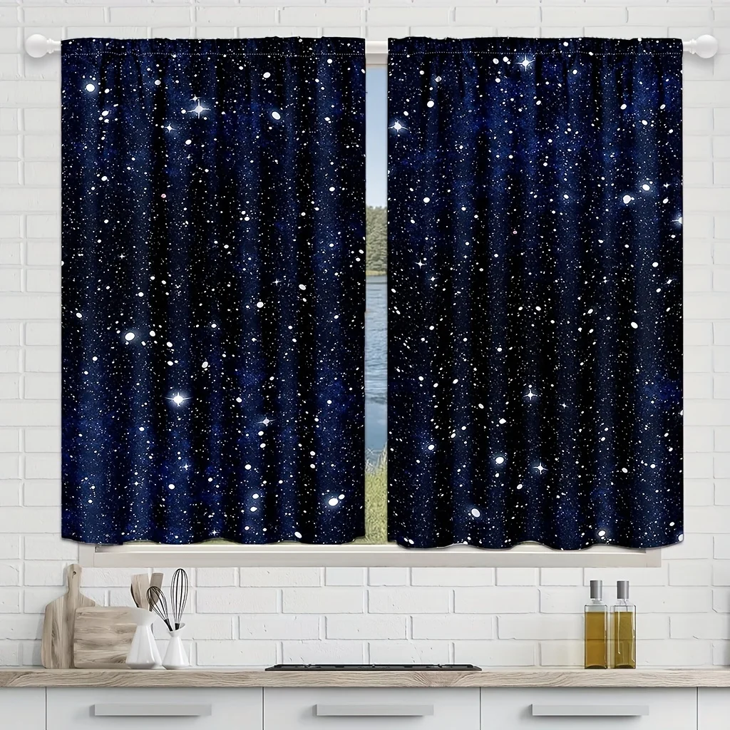2pcs Galaxy Shining StarsCurtains Childs Fantasy Starry Sky Star Rod Pocket Window Drapes Stars Black Curtains. 2