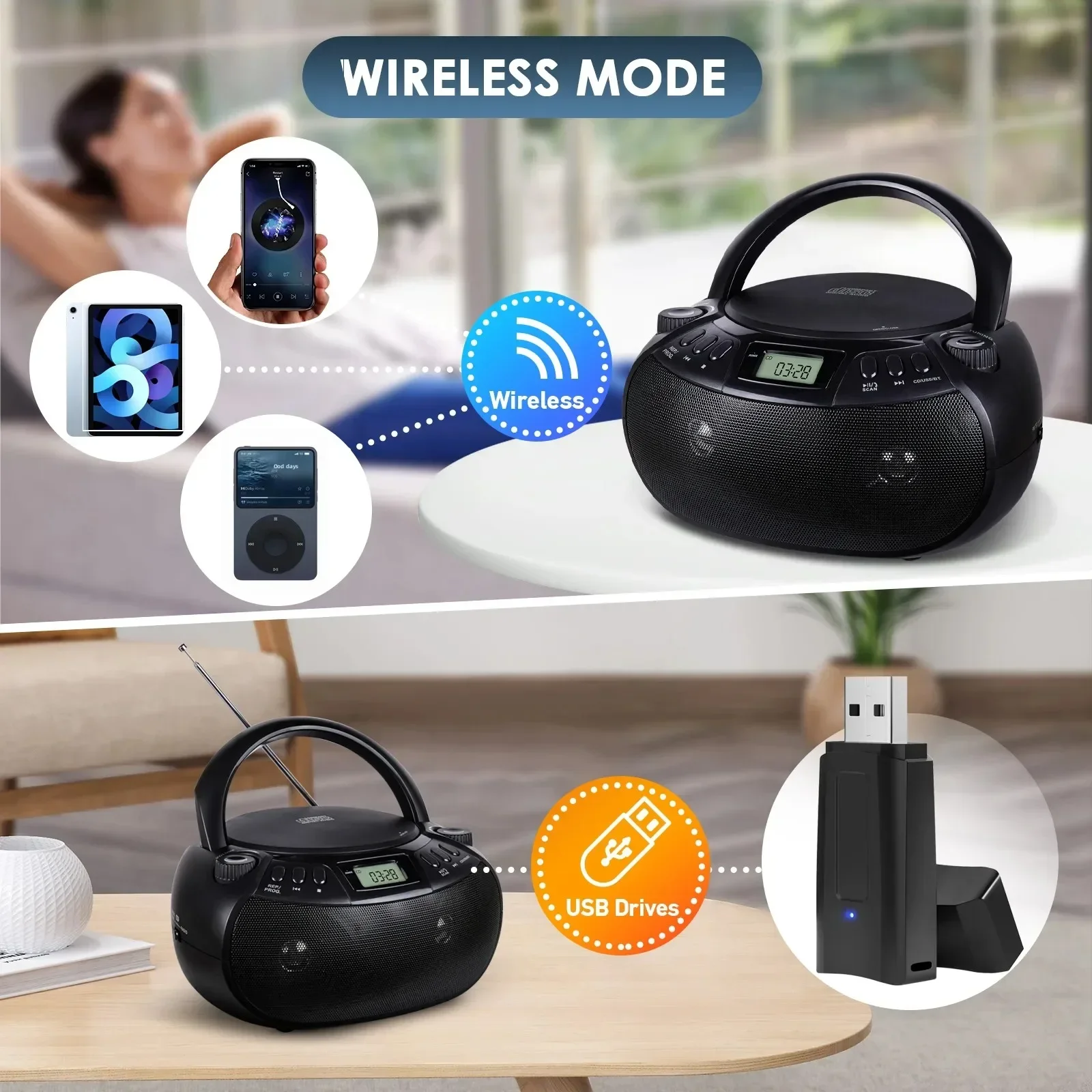 Portable CD Player Boombox with AM/FM Radio, Wireless Connectivity, USB/AUX Input & Stereo Speakers - Supports CD/CD-R/CD-RW/MP3 - 6