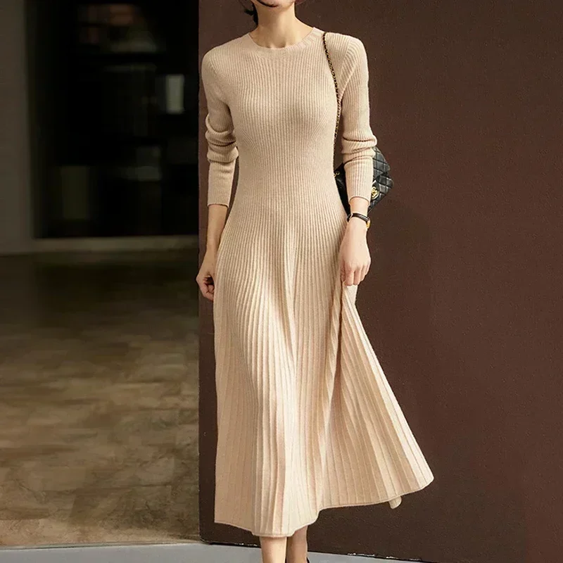 

Autumn Party Midi Dress Winter Long Sleeve Knitted Dress Women Round Collar Lady Casual Sweater Dresses Elegant Vestidos 29551