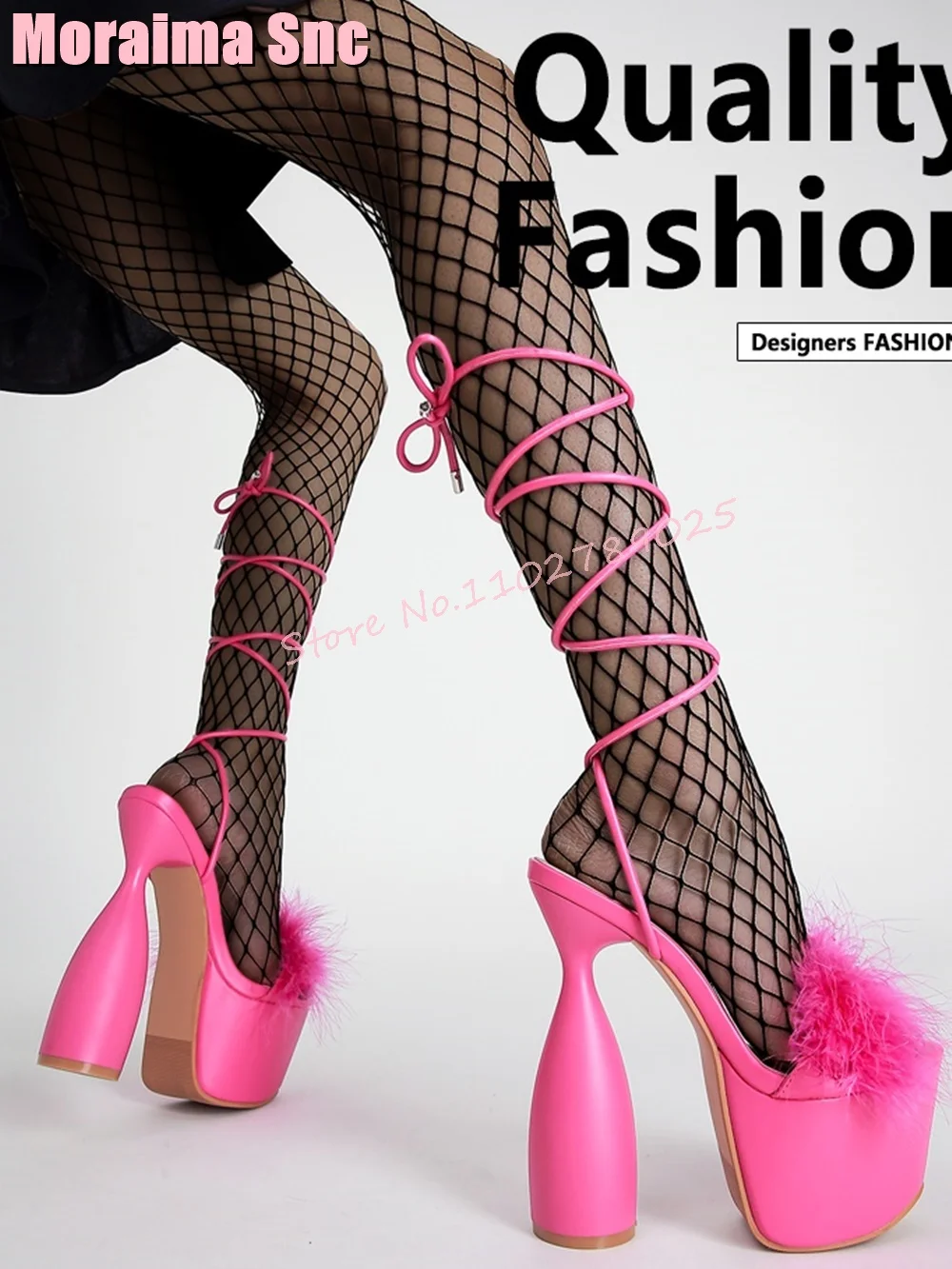 

Feather Platform Lace Up Sandals Strange Round Super High Heel Cross Strap Sexy Rosy Red Women Shoes Summer Fashion Nightclub