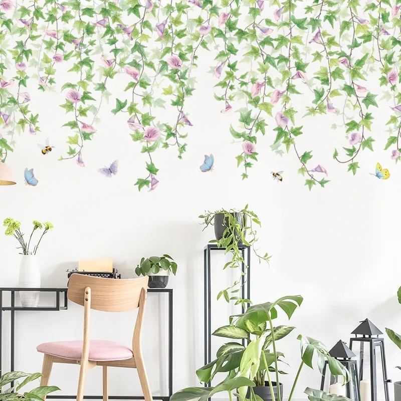 Creative Nature - Inspired Wallpaper: Hanging Vines Morning Glories Flying Insects Suitable Household Living Room Wall Sticker