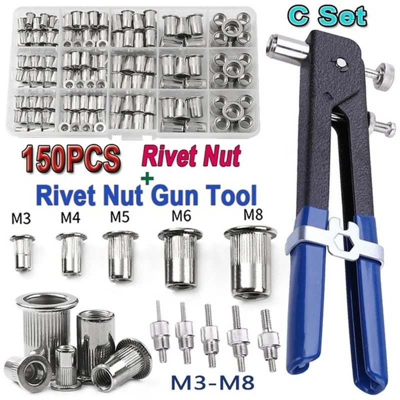 Rivet nut gun 150PCS Mandrel rivet nut gun M3 M4 M5 M6 M8 thread insert stainless steel rivet nut with threaded retainer tools clamping lever