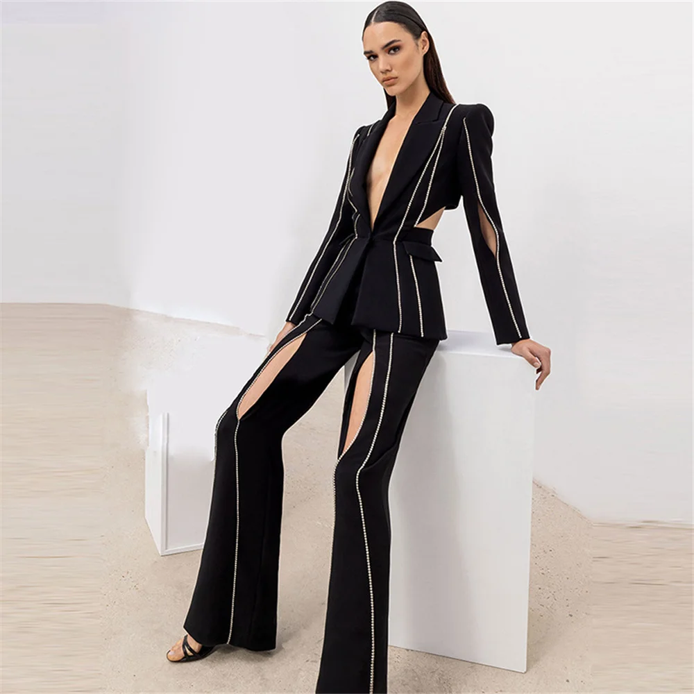 

Black Formal Women's Suit 2023 New Diamond Single Button Hollow Out Blazer Flare Pants Luxury Ladies Prom Party 2pcs Pants Sets