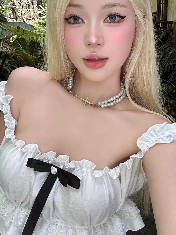 Nibber Sweet 2-Piece Set Women One Shoulder Patchwork Lace Bow Mini Tops+High Slits Folds Bandage Skirts Matching Vacation Suits