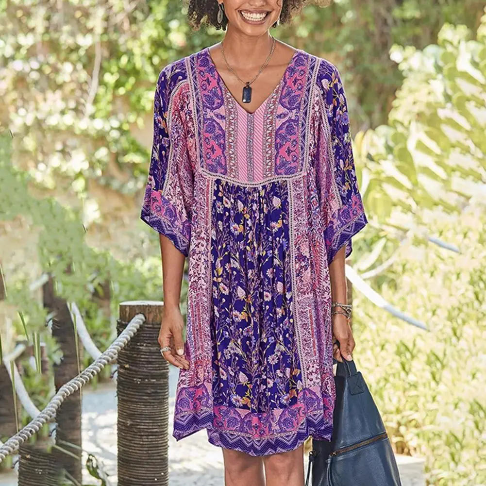 

Printed Dress Loose Fit Dress Floral Print Pleated Midi Dress with Three Quarter Sleeves V Neck Retro Summer Lady for Wear