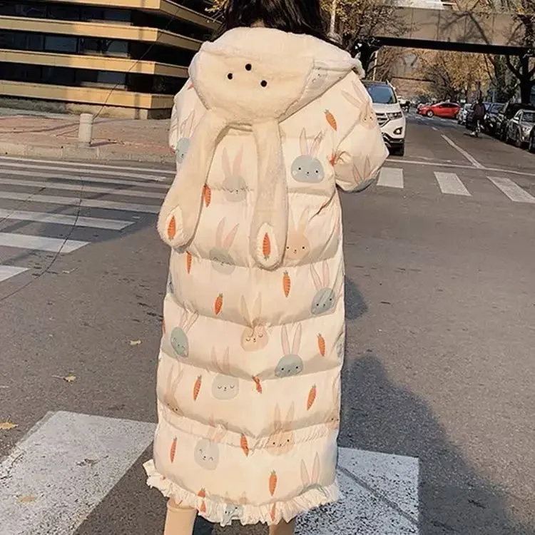 

MODX Rabbit Ear Hooded Cotton Coat Women Winter New Fashion Print Over Knee Korean Loose Warm Quilted Long Coat Women Clothing