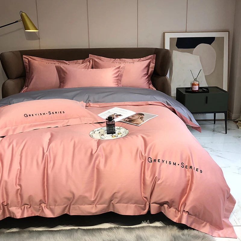 

Новинка 2024, постельное белье из четырех предметов, простая хлопковая двуспальная домашняя кровать, пододеяльник с рисунком под дерево, удобное постельное белье розового и серого цветов