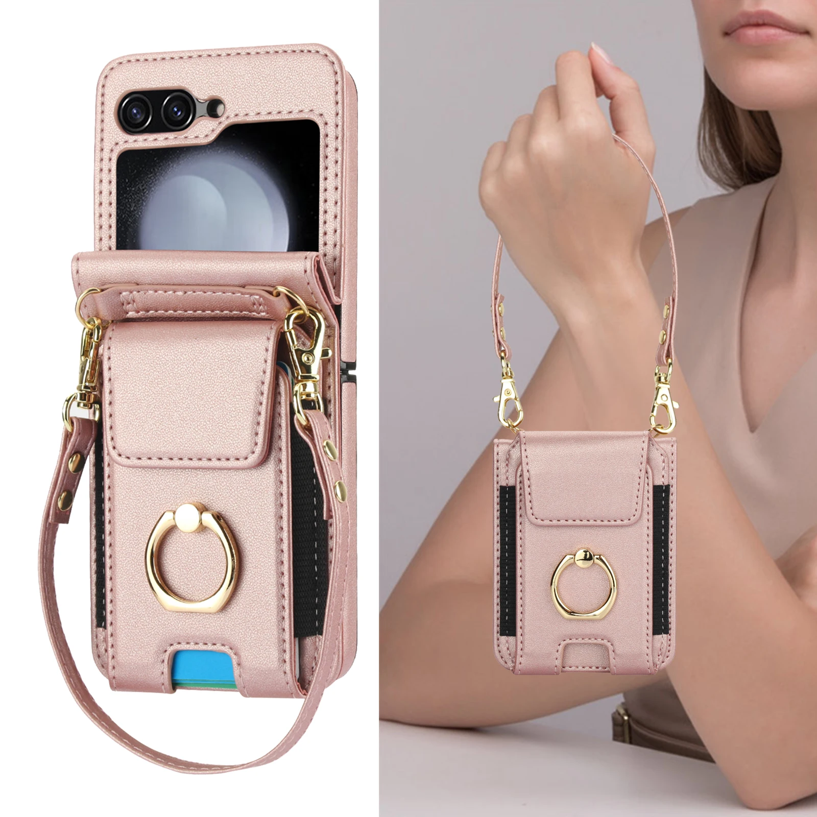 Elastična kožna futrola za prstenje s karticama za Samsung Galaxy Z Flip 6 5 4 3 5G Flip6 Flip5, vertikalna torba s vrpcom_voghion.com