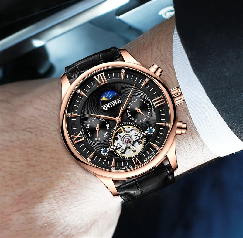 KINYUED Brandneue mechanische Mondphasenuhr für Herren, hohle Tourbillon-Uhren, Wochendatum, Herrenuhr, wasserdicht, automatische Uhren_voghion.com