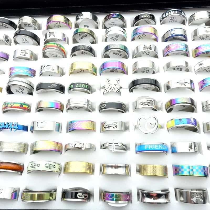 Wholesale 100pcs/Lot Fashion Stainless Steel Rings For Men Women Party Jewelry Gift Mix Styles Size 17-21mm Dropshipping