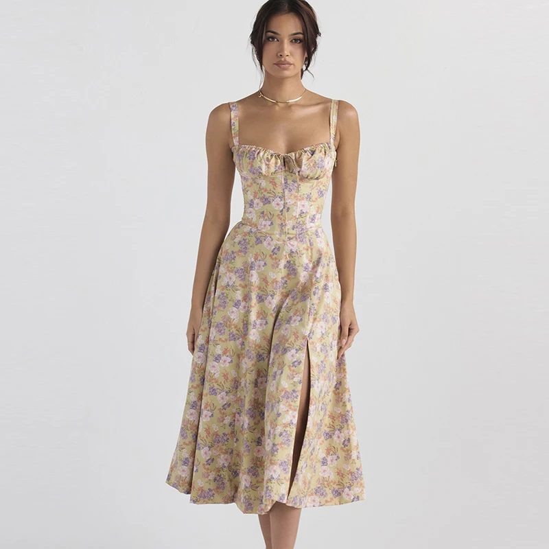 Robe à bretelles imprimée florale pour femmes, robe trapèze élégante, couleur unie, coupe couvertes, fente latérale, taille, été 2023 14