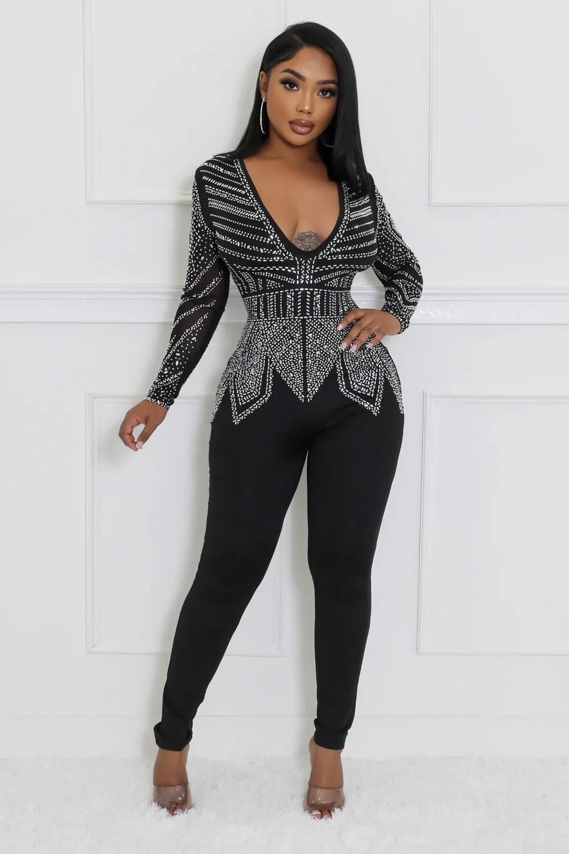 Luxury Deep V-neck Mesh Long Sleeve Night Club Party Romper Birthday Outfits Women Sparkly Diamonds Rhinestone Jumpsuit