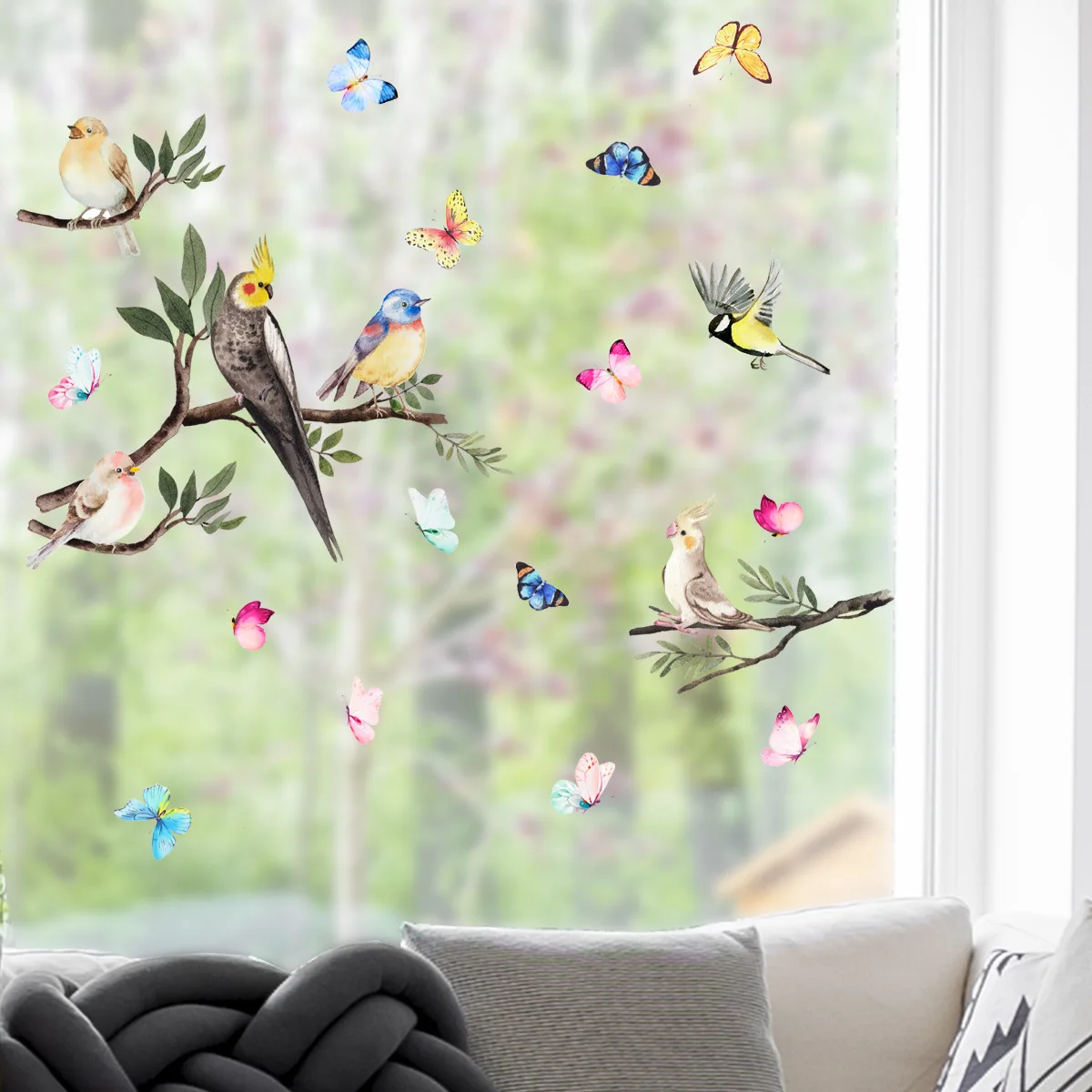 Spring Summer Tree Branch Bird Stickers Window Cling Butterfly Decals Glass Door Decoration Home Fridge Kids Room No Glue Vinyl