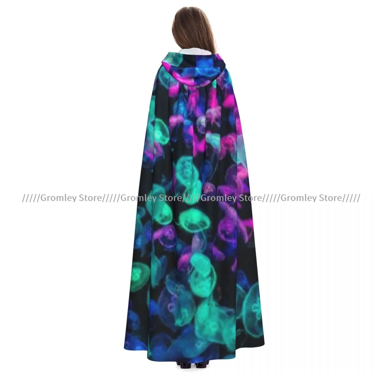 

Medieval Halloween Cosplay Cloak Hooded Coat Colorful Jellyfish In Aquarium Cape Coat Long Trench Costume Wizard Cloak